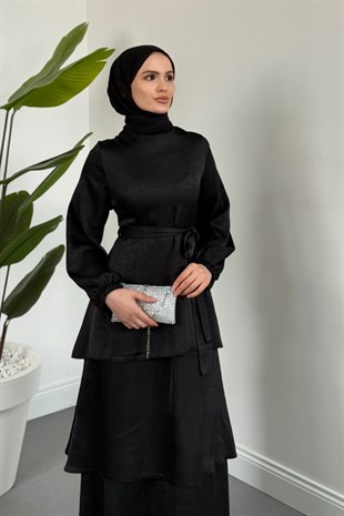 Velora Kat Kat Saten Elbise Siyah