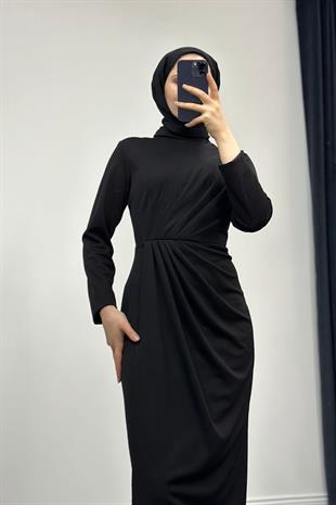 Sara Drapeli Elbise Siyah