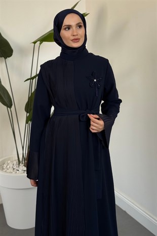 Sarah Yandan Tokalı Elbise Koyu Lacivert