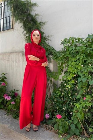 Saten Tasarım Tulum Kırmızı