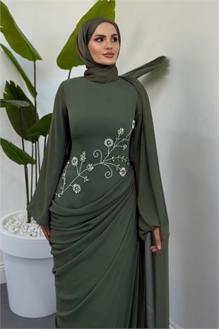 Savella Arkası Büzgülü Taşlı Abiye Haki