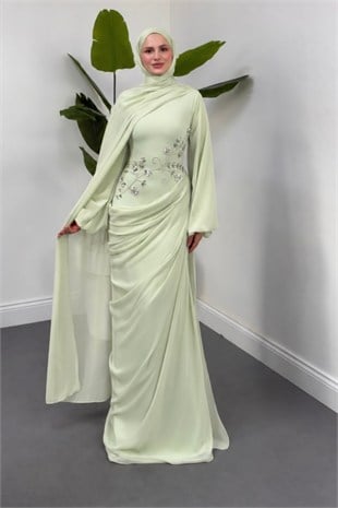 Savella Arkası Büzgülü Taşlı Abiye Pistachio