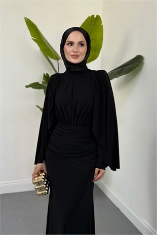 Ferrandiz Seyyar Kemerli Pelerinli Balık Abiye Siyah 