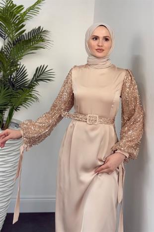 Şehla Kolları Boncuk İşleme Kemerli Abiye Krem