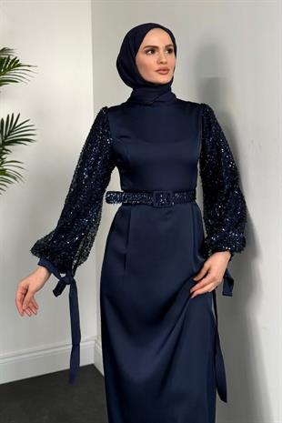 Şehla Kolları Boncuk İşleme Kemerli Abiye Lacivert
