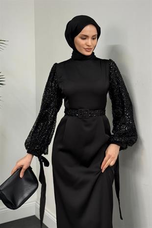 Şehla Kolları Boncuk İşleme Kemerli Abiye Siyah