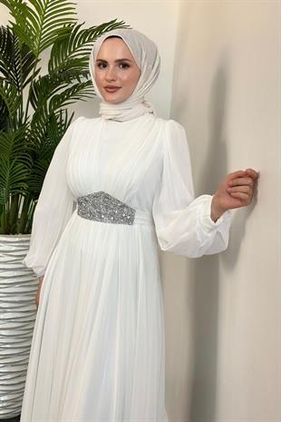 Sella Bel Taş Korse Abiye Beyaz