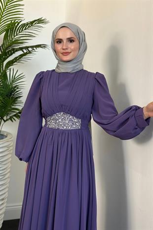 Sella Bel Taş Korse Abiye Lila