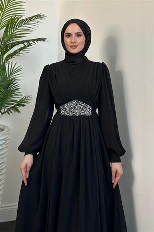 Sella Bel Taş Korse Abiye Siyah