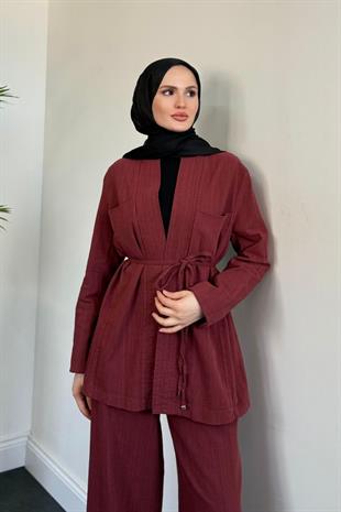 Semila Kimona Palazzo Pantolon Takım Bordo