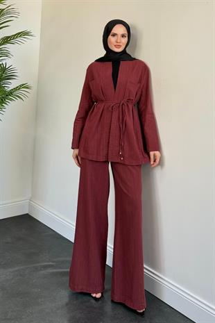 Semila Kimona Palazzo Pantolon Takım Bordo