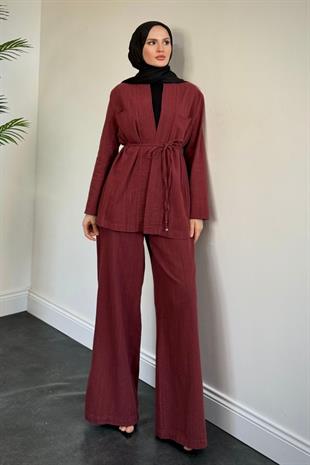 Semila Kimona Palazzo Pantolon Takım Bordo