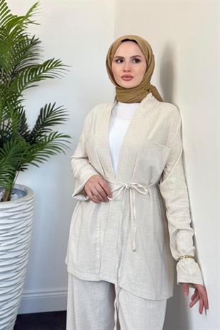 Semila Kimona Palazzo Pantolon Takım Krem
