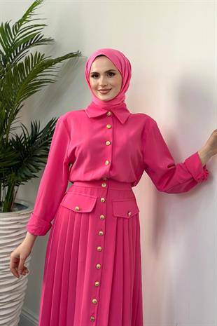 Sera Düğmeli  Plise Elbise Pembe