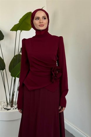Seravella Yandan Güllü Abiye Bordo