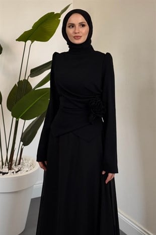 Seravella Yandan Güllü Abiye Siyah