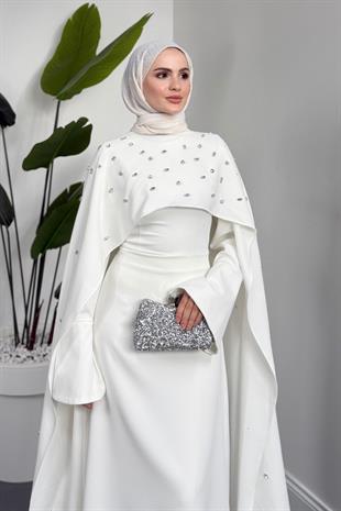 Serenya Pelerini Taşlı Abiye Beyaz