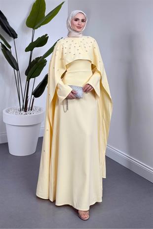 Serenya Pelerini Taşlı Abiye Butter Yellow
