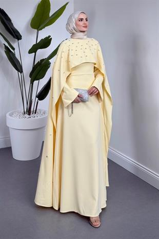 Serenya Pelerini Taşlı Abiye Butter Yellow