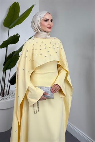 Serenya Pelerini Taşlı Abiye Butter Yellow