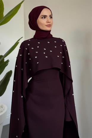 Serenya Pelerini Taşlı Abiye Mürdüm