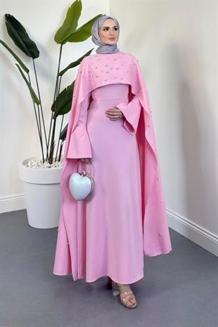 Serenya Pelerini Taşlı Abiye Şeker Pembesi