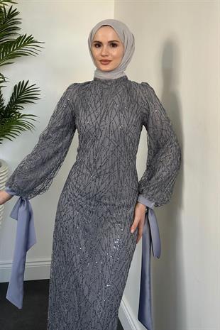 Serina Kolları Fiyonklu Simli Abiye Gri