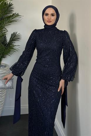 Serina Kolları Fiyonklu Simli Abiye Lacivert