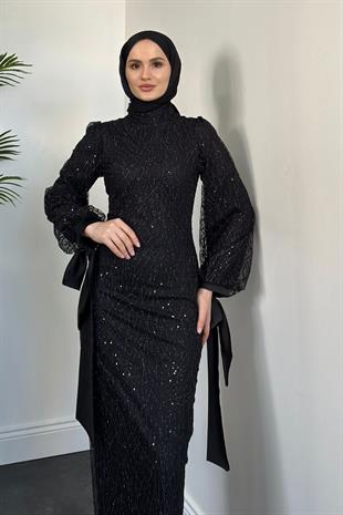 Serina Kolları Fiyonklu Simli Abiye Siyah