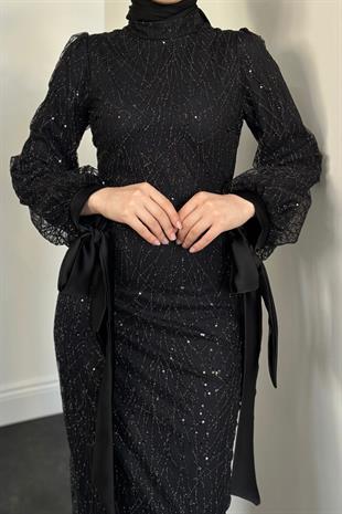 Serina Kolları Fiyonklu Simli Abiye Siyah