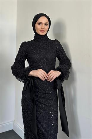 Serina Kolları Fiyonklu Simli Abiye Siyah