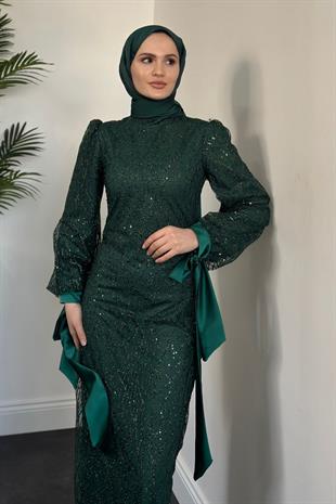 Serina Kolları Fiyonklu Simli Abiye Zümrüt