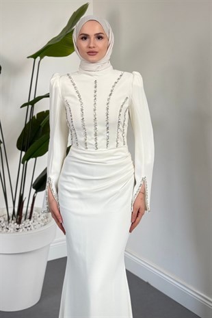 Shabira Taşlı Krep Balık Abiye Beyaz