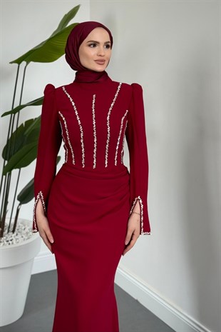 Shabira Taşlı Krep Balık Abiye Bordo