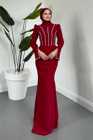 Shabira Taşlı Krep Balık Abiye Bordo