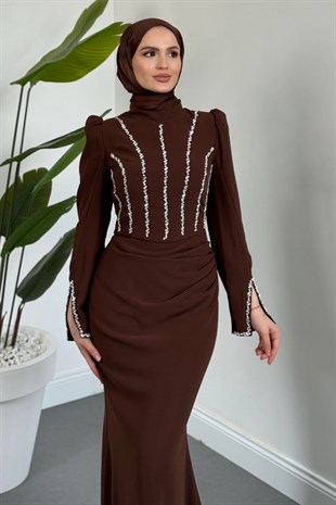 Shabira Taşlı Krep Balık Abiye Kahverengi