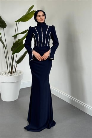 Shabira Taşlı Krep Balık Abiye Lacivert
