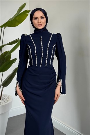 Shabira Taşlı Krep Balık Abiye Lacivert