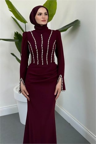 Shabira Taşlı Krep Balık Abiye Mürdüm
