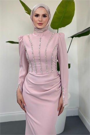 Shabira Taşlı Krep Balık Abiye Şeker Pembesi