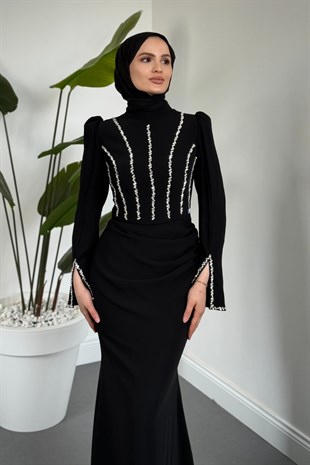 Shabira Taşlı Krep Balık Abiye Siyah