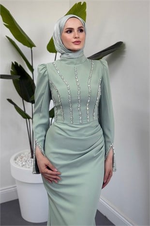 Shabira Taşlı Krep Balık Abiye Su Yeşili