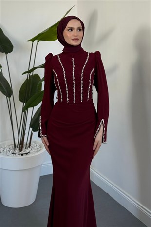 Shabira Taşlı Krep Balık Abiye Vişne Çürüğü