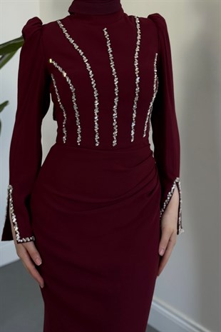 Shabira Taşlı Krep Balık Abiye Vişne Çürüğü