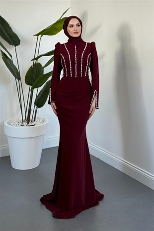 Shabira Taşlı Krep Balık Abiye Vişne Çürüğü