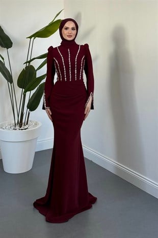 Shabira Taşlı Krep Balık Abiye Vişne Çürüğü