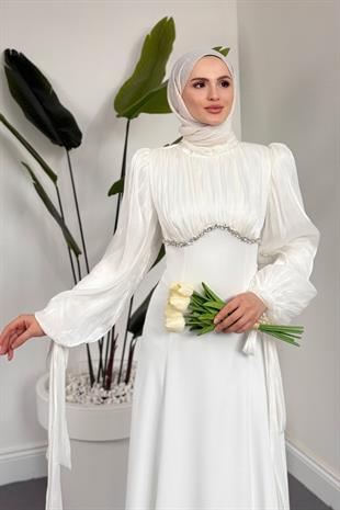 Shabnam Beli Taşlı Abiye Beyaz
