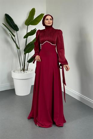 Shabnam Beli Taşlı Abiye Bordo