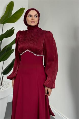 Shabnam Beli Taşlı Abiye Bordo