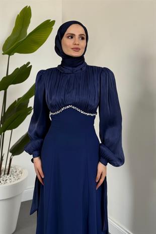Shabnam Beli Taşlı Abiye Lacivert